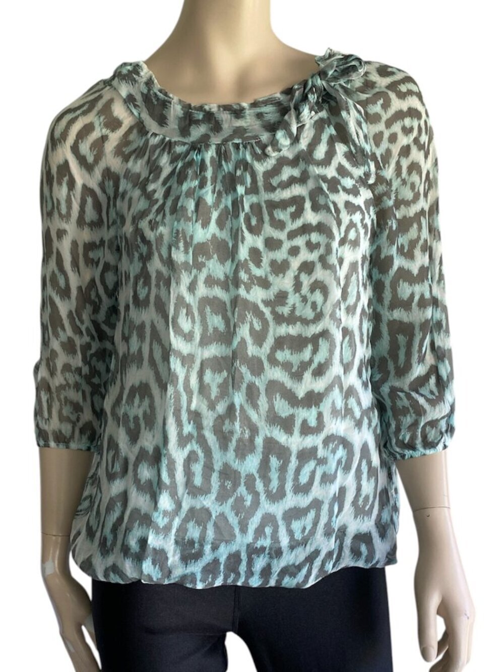 Viola Borghi Italy 100% Silk Blouse M NWT Teal Blue Gray Leopard Lined Blouson